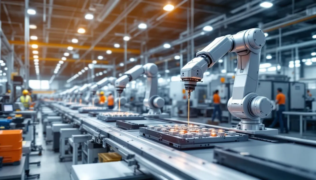 Modern manufacturing facility with robotic sorting stations integrated into production and conveyor systems.