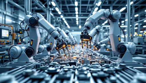 Robotic sorting system with multiple arms handling components efficiently.