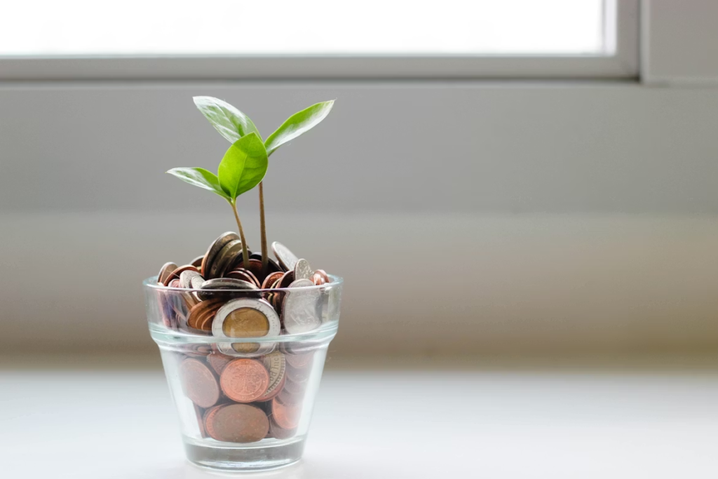 Green plant shoot in a clear glass filled with coins