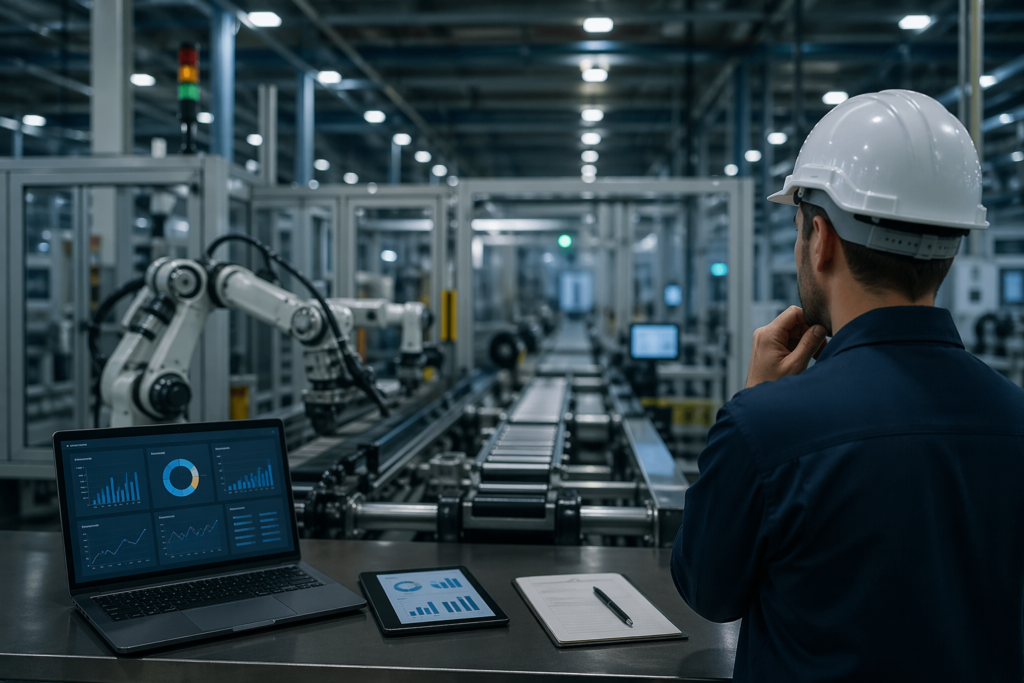 A man in a white hard hat monitors a robotic test stand in a factory.