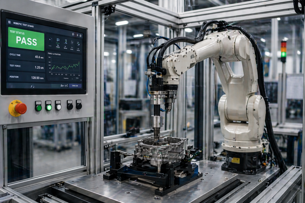 Robotic QC test stand performing automated force testing on a manufactured part in a factory setting.
