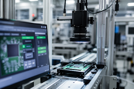 QC automation vision system performing automated PCB inspection on a factory production line