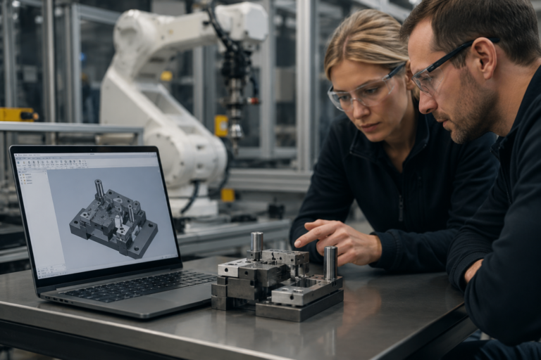 Two engineers reviewing a custom automation fixture beside a laptop displaying a 3D CAD model