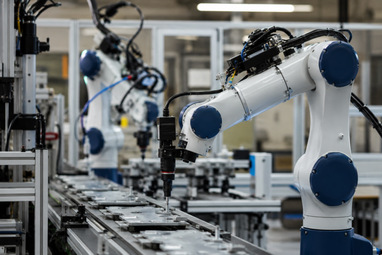 Industrial robotic arms assembling metal components on an automated factory production line