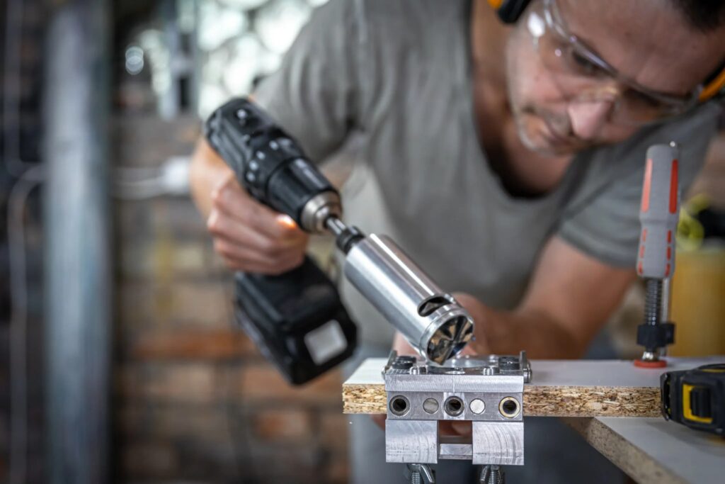 A man works over a piece of machinery laying on wood.