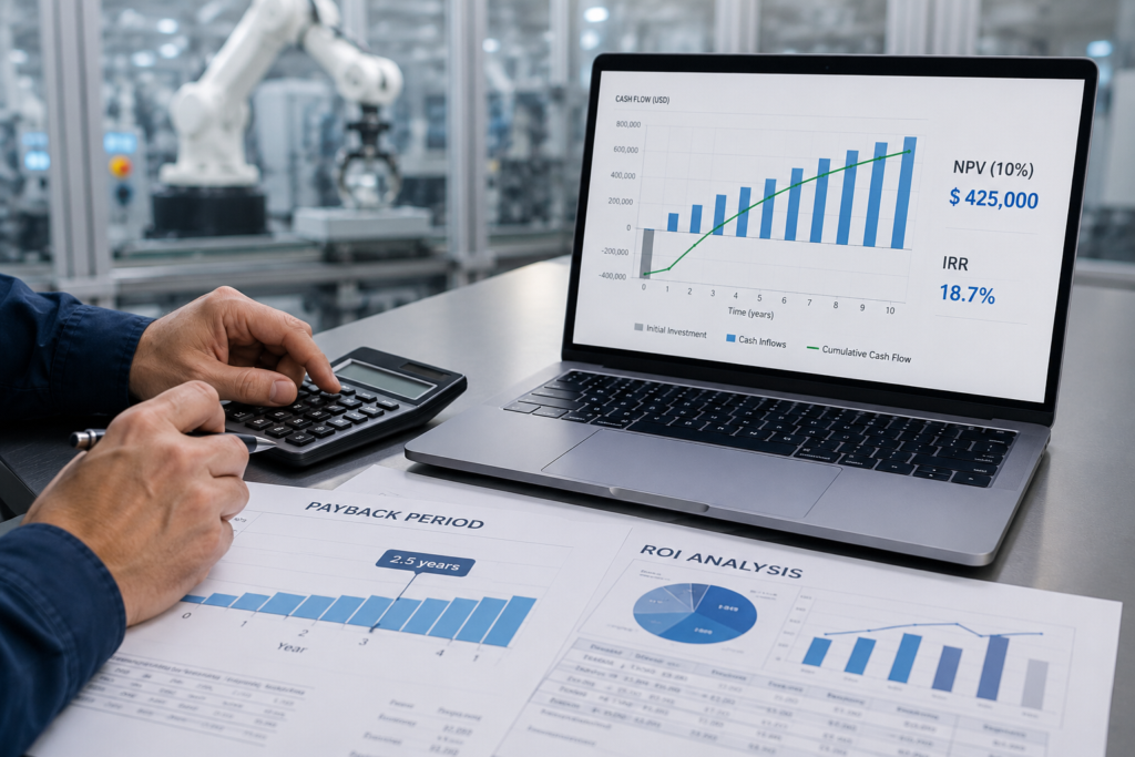 Close-up of a manufacturing ROI analysis setup with a laptop displaying financial charts 