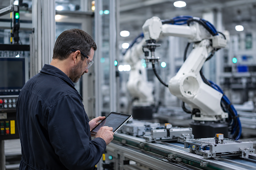 Technician using a tablet to monitor robotic automation systems on a modern manufacturing production line inside a clean industrial facility.