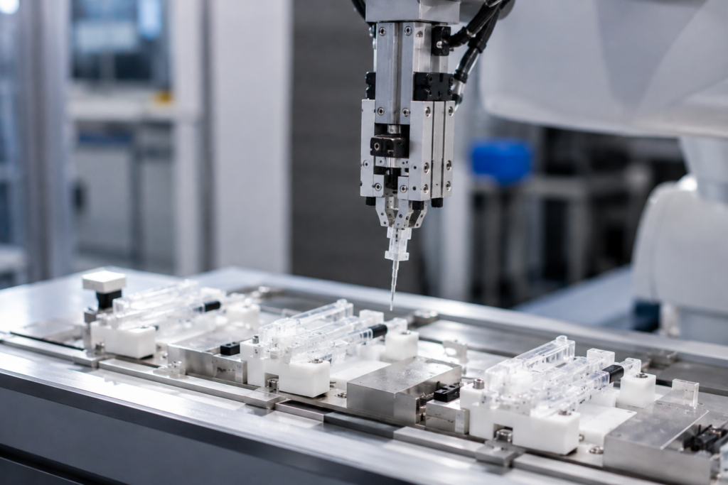 A robotic arm assembling precision medical syringe components on an automated cleanroom production line.