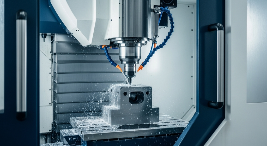 An advanced multi-axis milling machine in an industrial setting.