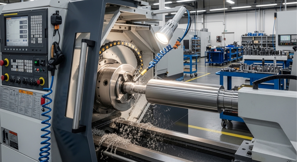 Robotic-enhanced CNC machinery for cylindrical parts.